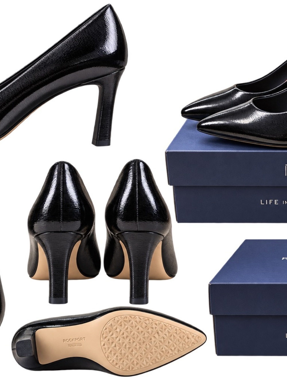 Rockport Black Patent Pointed-Toe Mid Heel Pumps